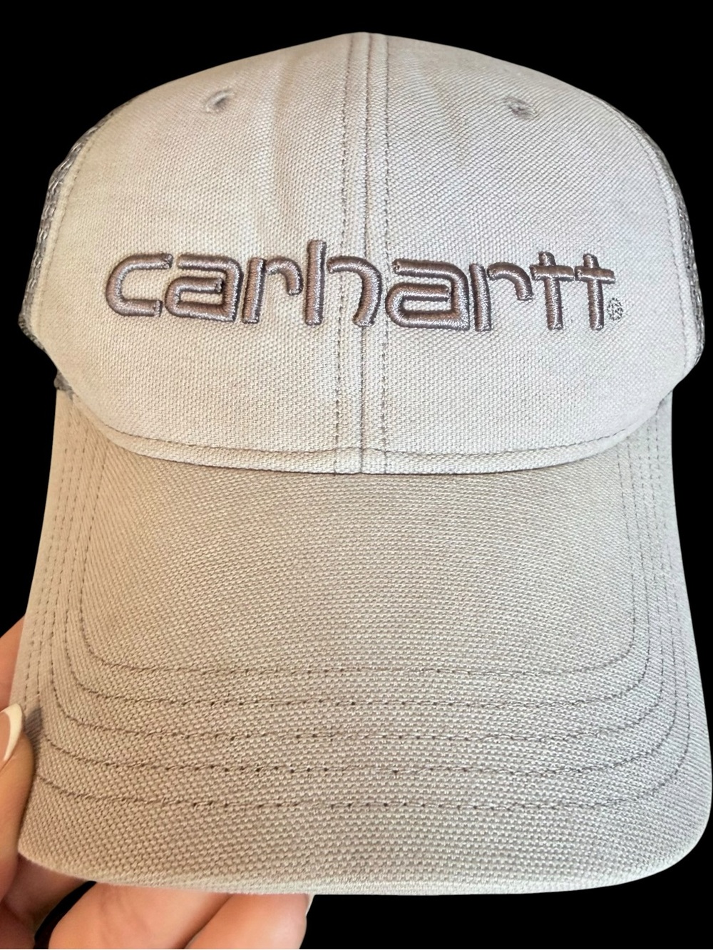 Carhartt Mens Gray Canvas Mesh Back Trucker Hat Embroidered Logo Snapback